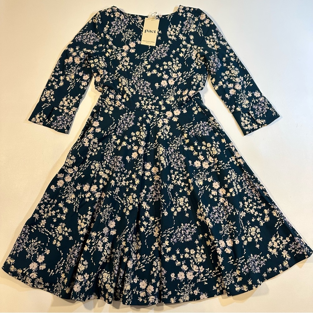 NWT Pact Blue-Green Floral Organic Cotton Tulip Sleeve Open Pack Fit Flare Dress